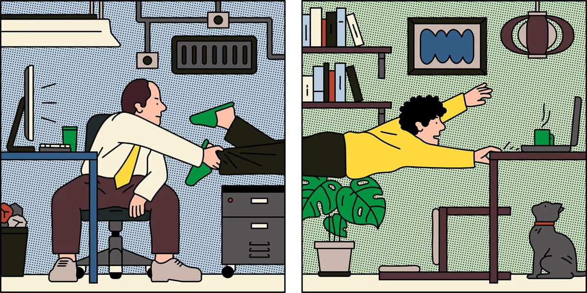 Cartoon showing an office manager pulling a worker away from their home.