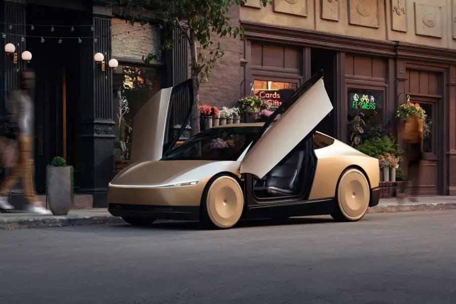 A render of Elon Musk's Cybercab on the side of a street.